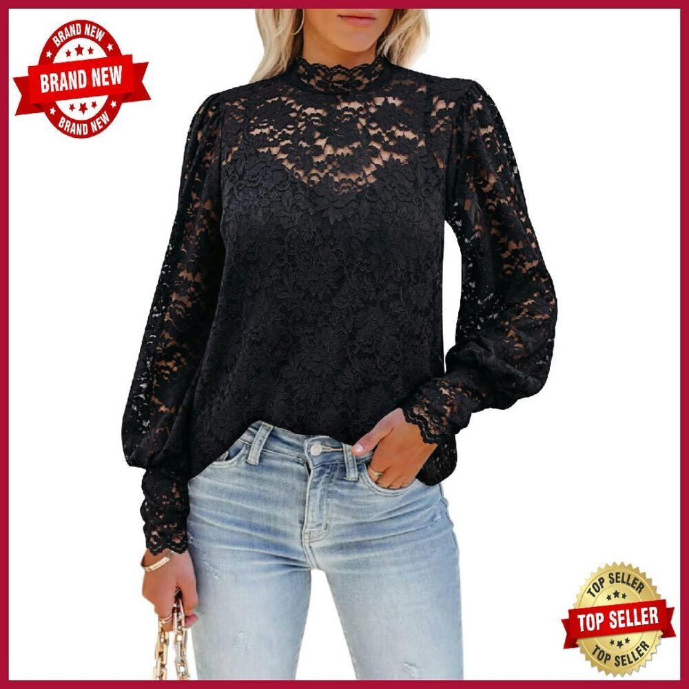 Long Sleeve Lace Blouse Floral Mock Neck Dressy Casual Tops